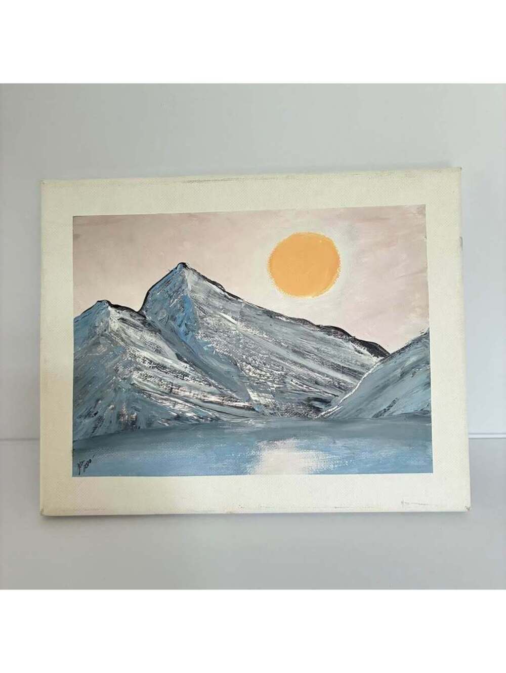 Original Signed Mountain Landscape Painting 10x8 Canvas Blue Peaks Lake Art